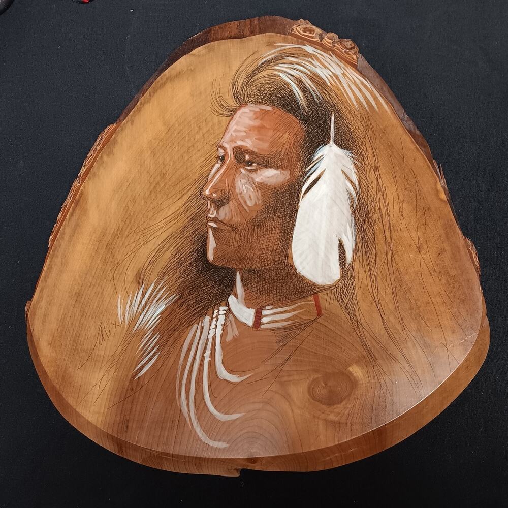 VTG House of Myrtlewood Plaque Hand-Painted Native American Portrait Signed Alex